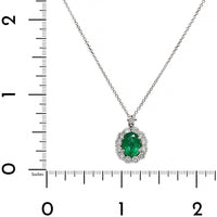 18K White Gold Oval Emerald and Diamond Halo Necklace