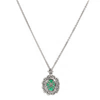 18K White Gold Oval Emerald and Diamond Halo Necklace