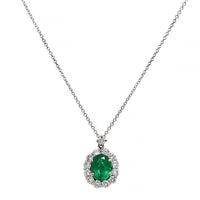 18K White Gold Oval Emerald and Diamond Halo Necklace