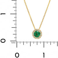 18K Yellow Gold Round Emerald and Diamond Halo Necklace