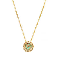 18K Yellow Gold Round Emerald and Diamond Halo Necklace