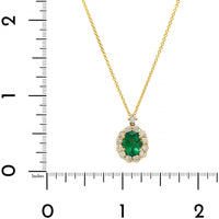 18K Yellow Gold Oval Emerald and Diamond Halo Pendant Necklace