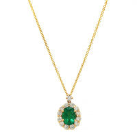 18K Yellow Gold Oval Emerald and Diamond Halo Pendant Necklace