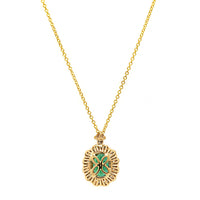 18K Yellow Gold Oval Emerald and Diamond Halo Pendant Necklace