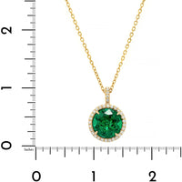 18K Yellow Gold Round Emerald and Diamond Halo Necklace