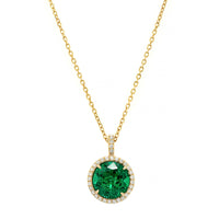 18K Yellow Gold Round Emerald and Diamond Halo Necklace