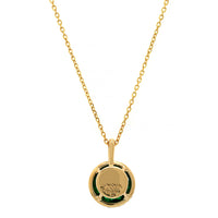 18K Yellow Gold Round Emerald and Diamond Halo Necklace
