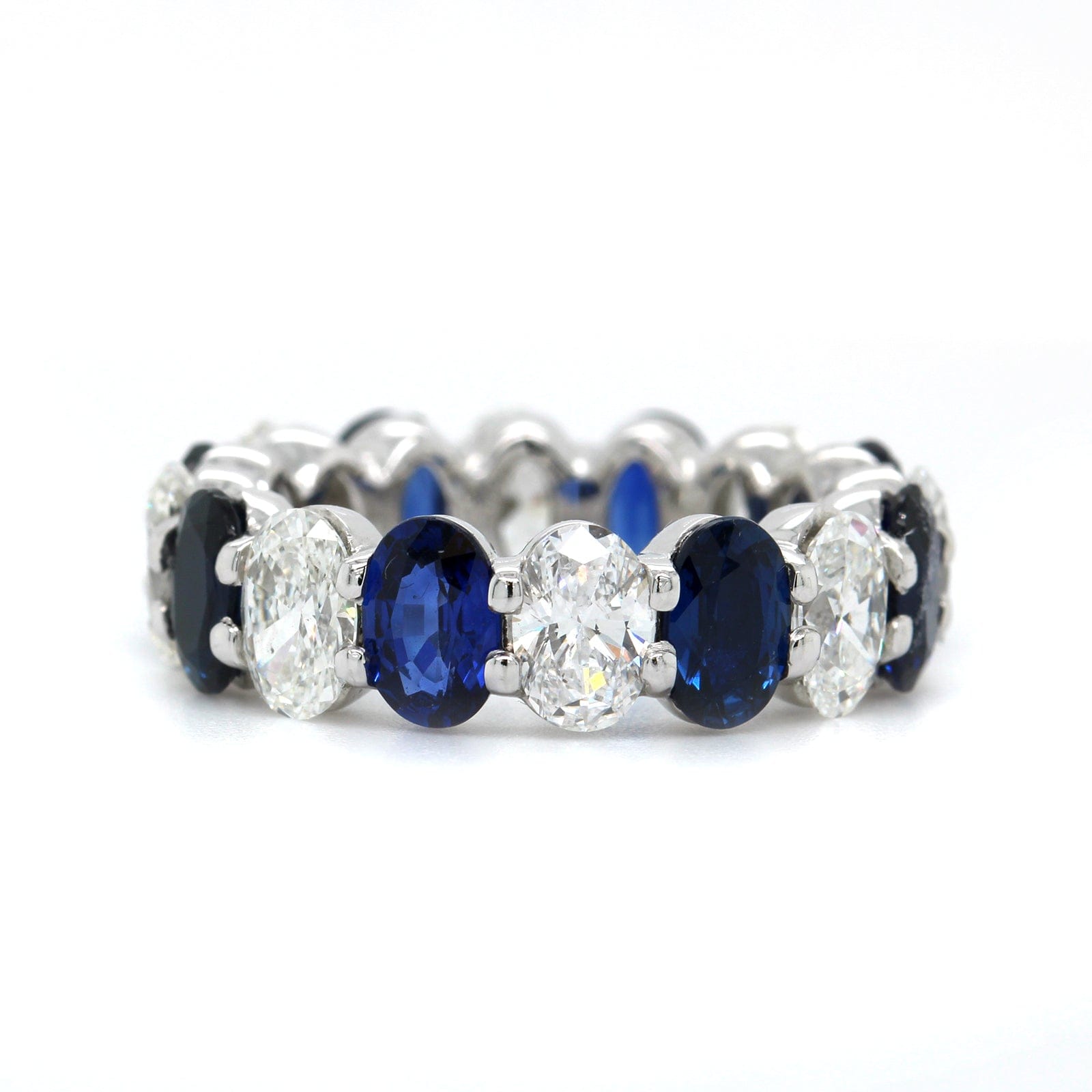 Platinum Shared Prong Alternating Oval Diamond and Sapphire Eternity Band