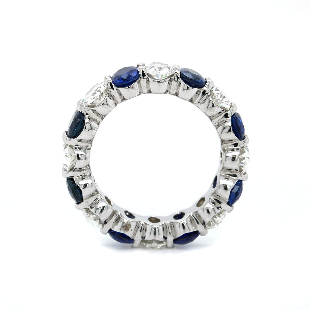 Platinum Shared Prong Alternating Oval Diamond and Sapphire Eternity Band