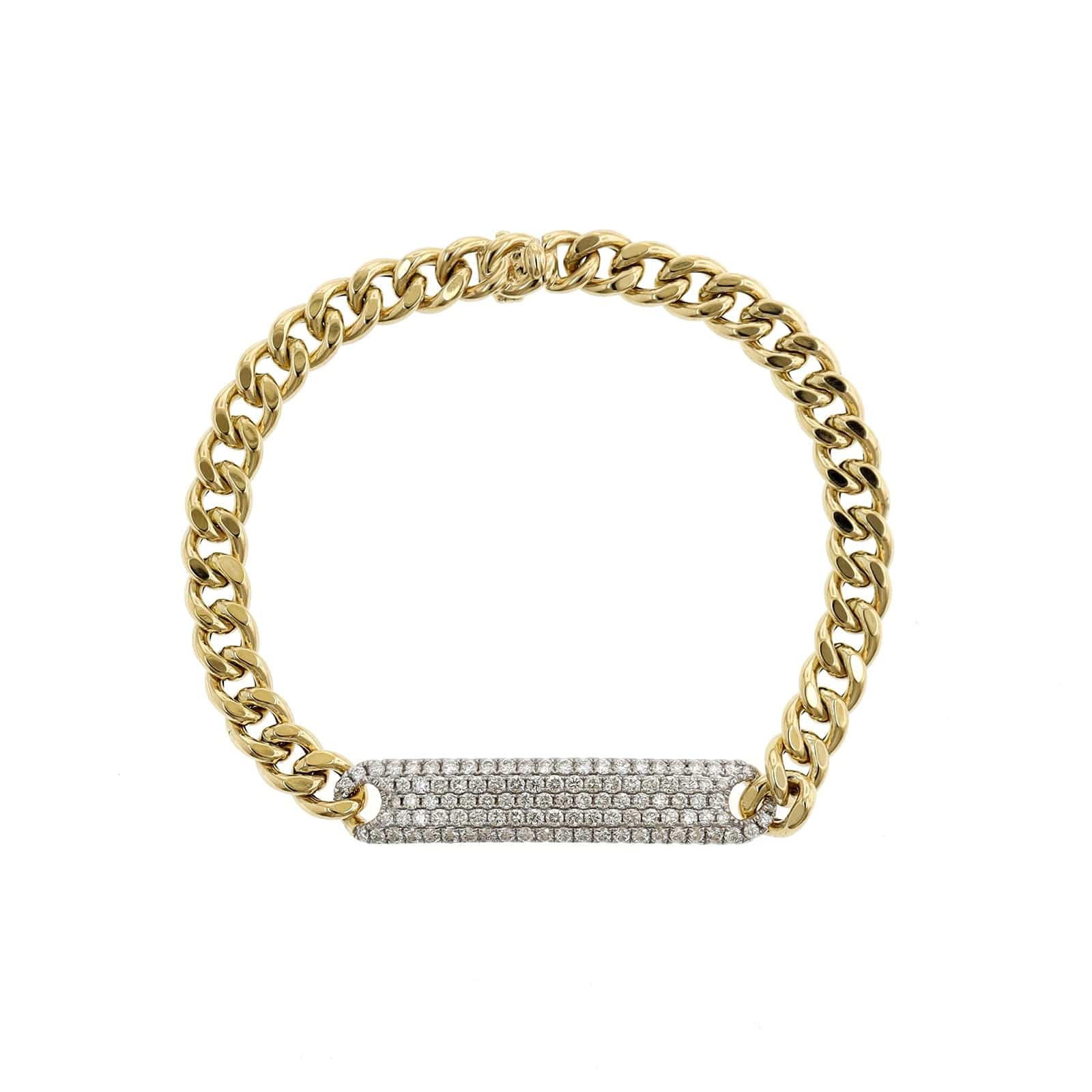 14K Yellow Gold Pave Diamond Bar and Curb Style Bracelet
