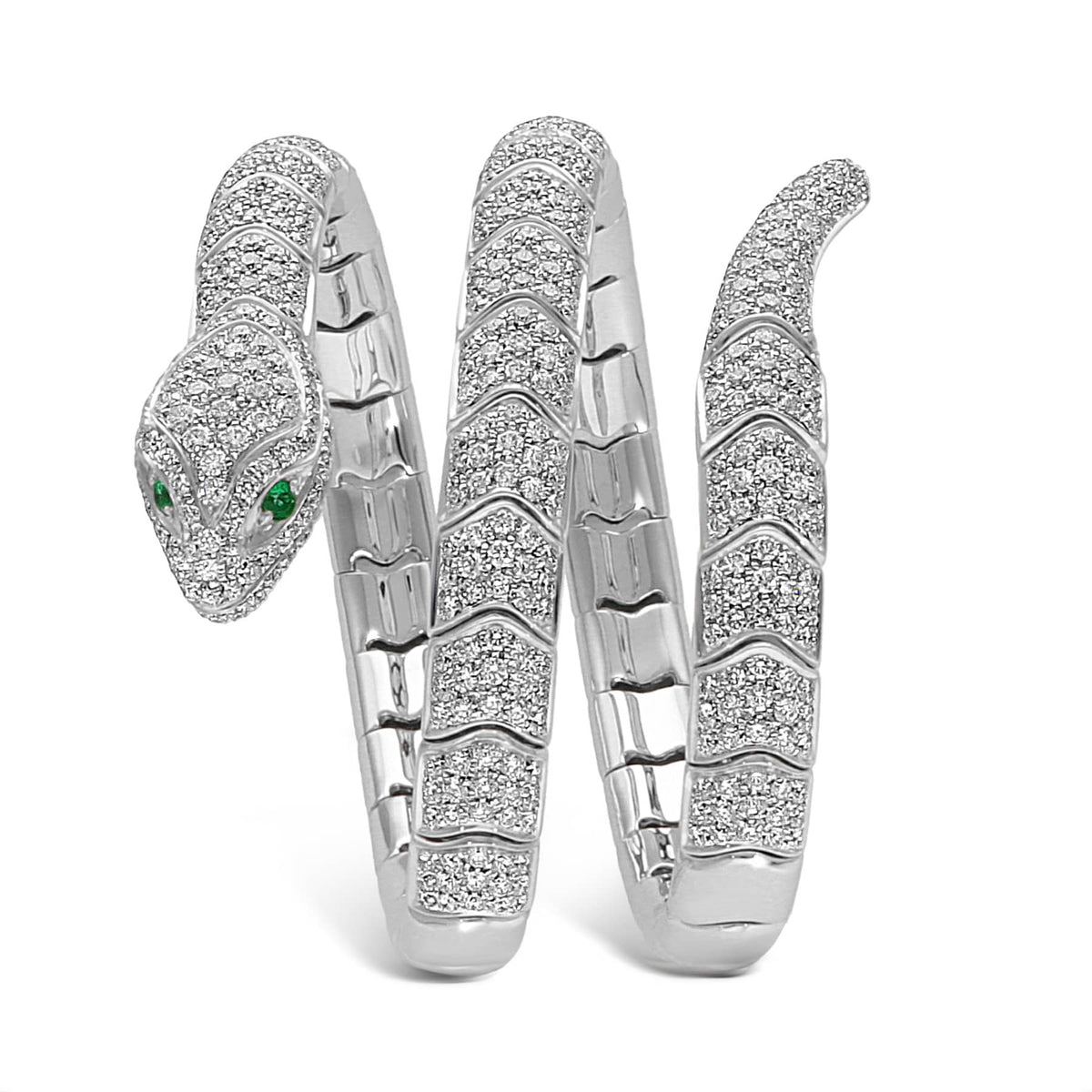Leo Pizzo 18K White Gold Emerald and Diamond Snake Coil Bracelet 