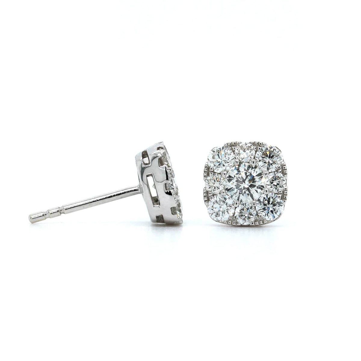 14K White Gold Cushion Halo Diamond Stud Earrings