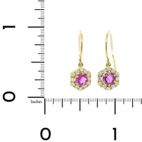 18K Yellow Gold Pink Sapphire Diamond Halo Drop Earrings