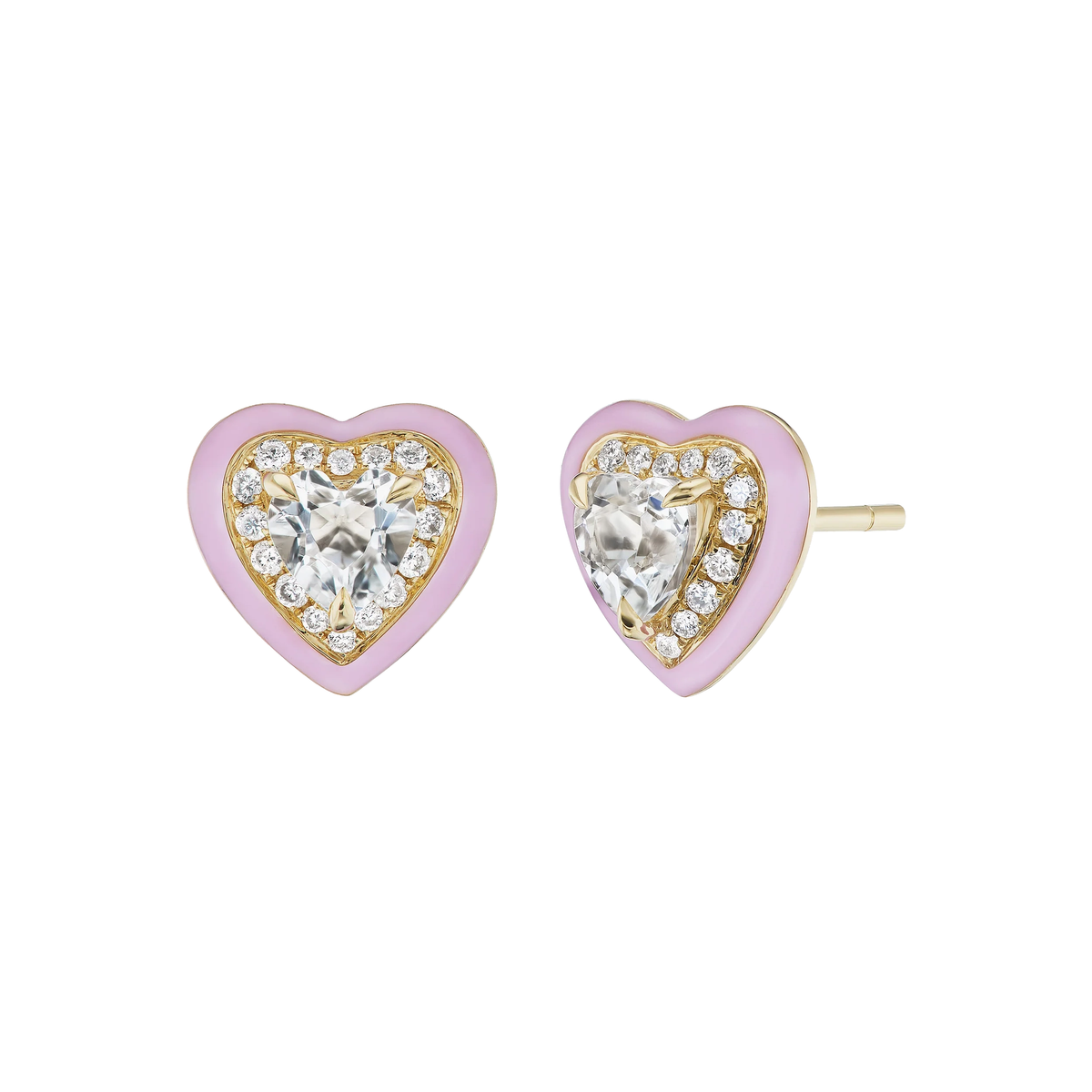18K Yellow Gold White Topaz Pink Enamel Heart Stud Earrings