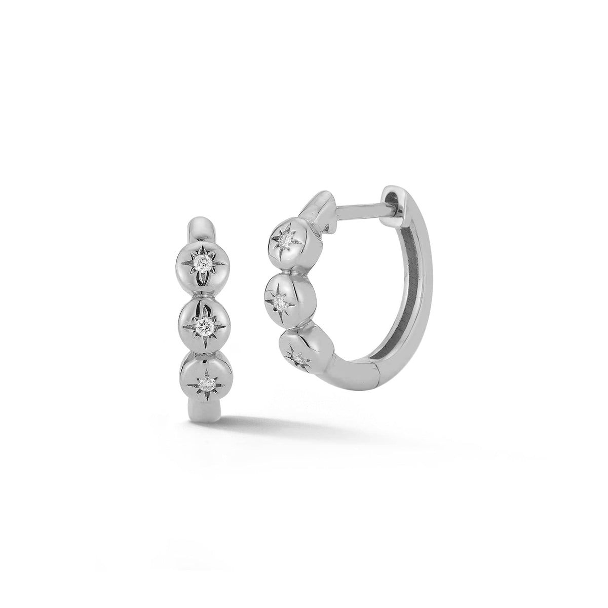 14K White Gold Starburst Diamond Huggie Earrings