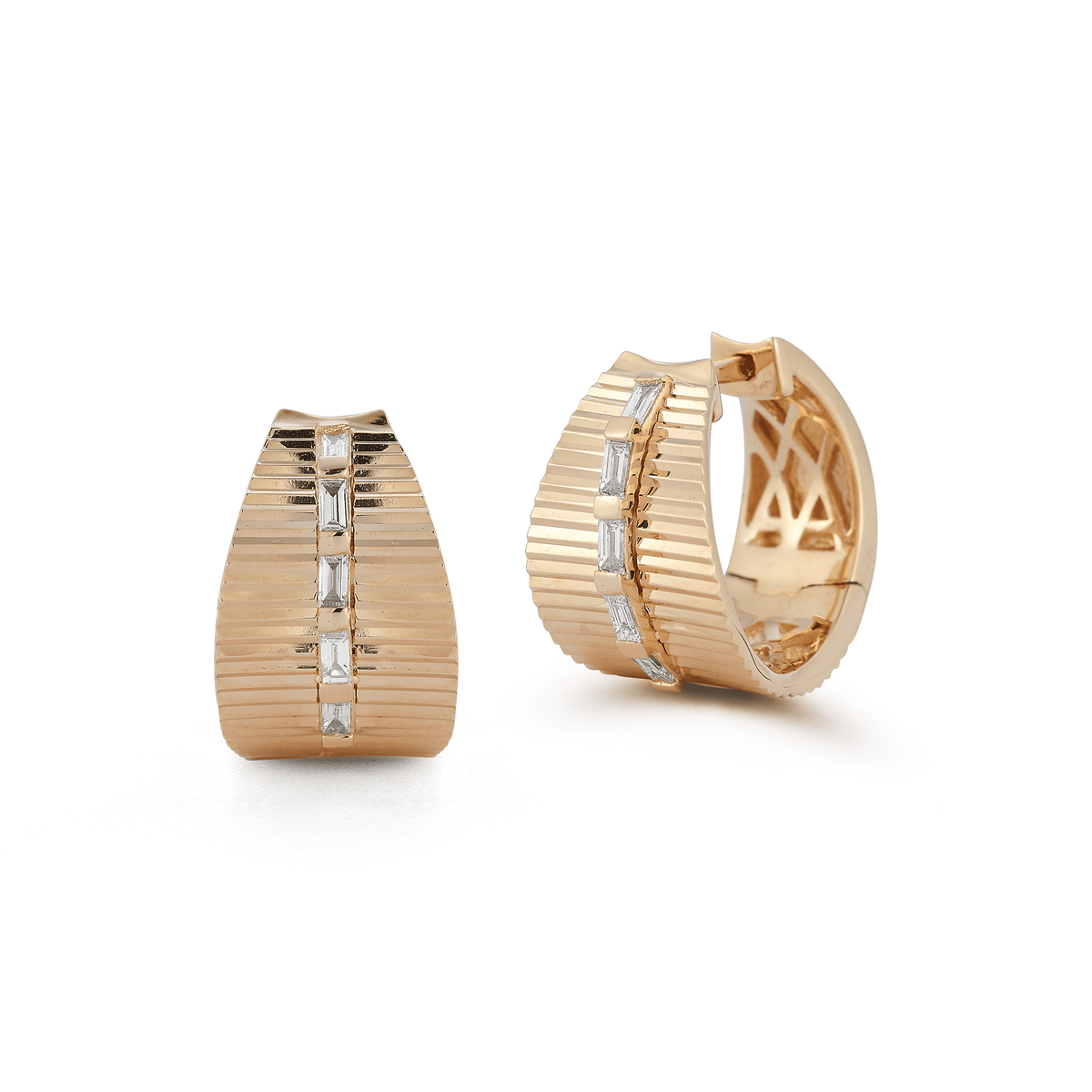 14K Yellow Gold Baguette Diamond Fluted Huggie Earrings