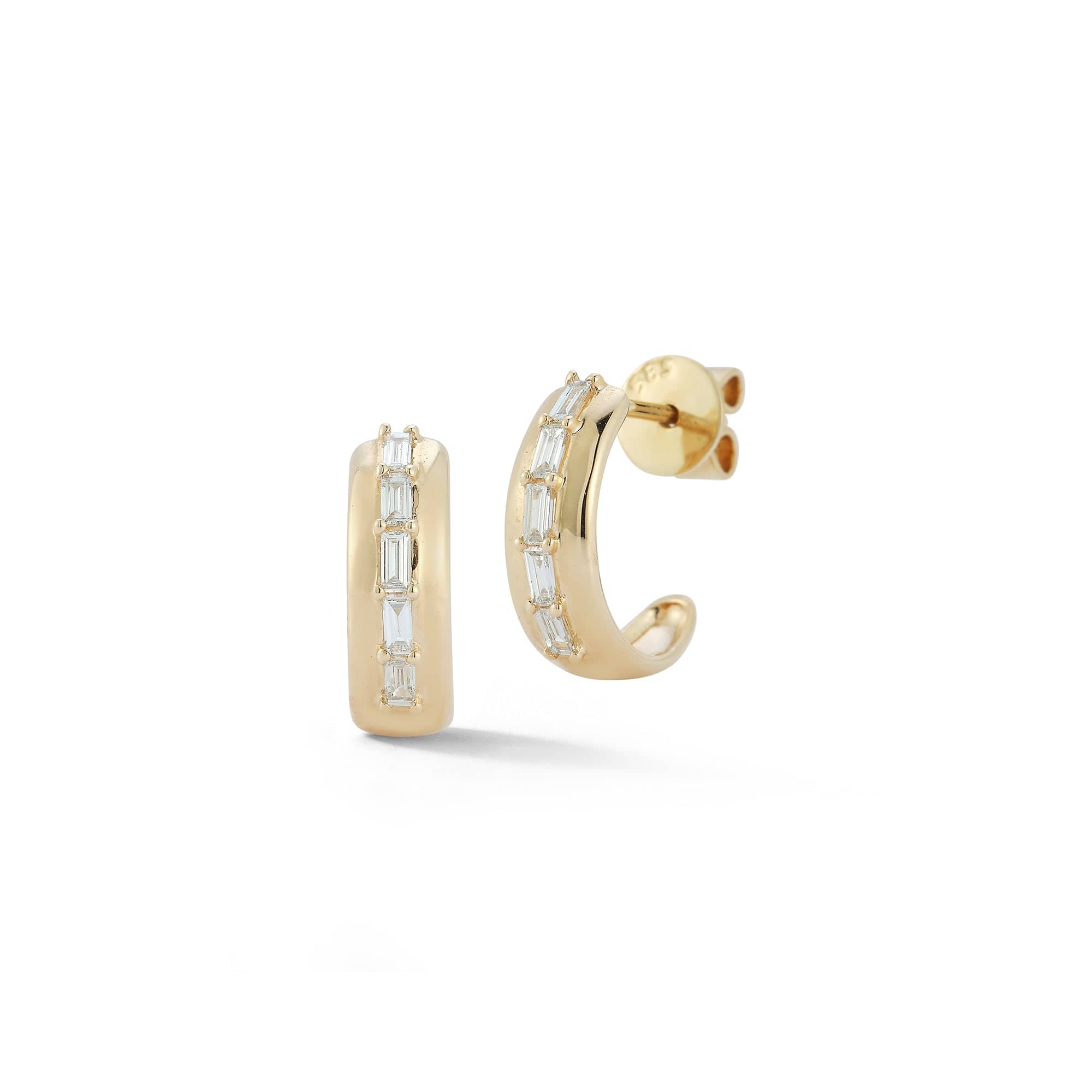 14K Yellow Gold Baguette Diamond Huggie Earrings