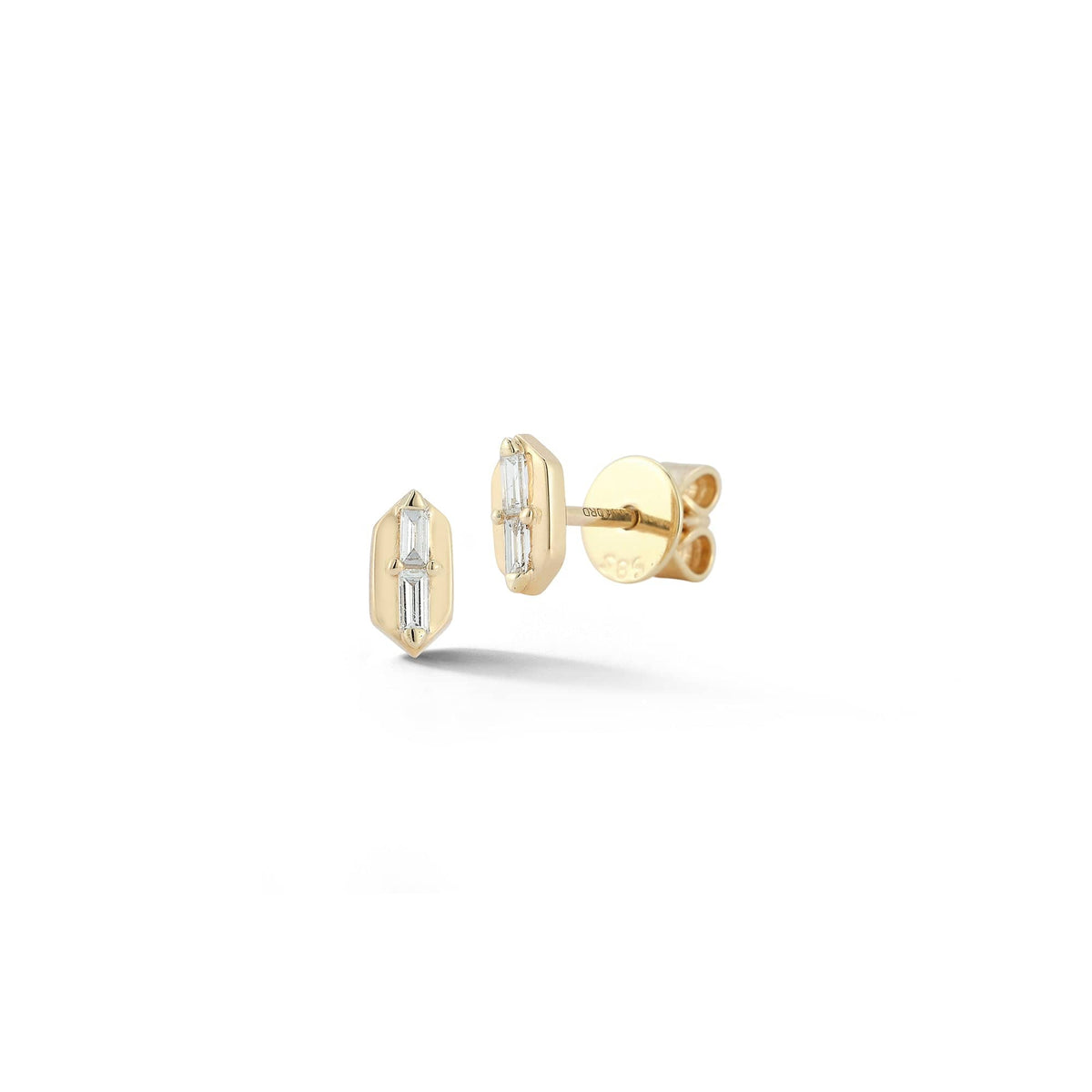 14K Yellow Gold Baguette Diamond Hexagon Stud Earrings