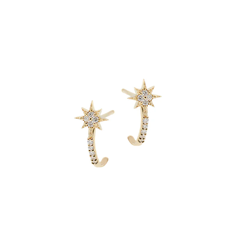 14K Yellow Gold North Star Huggie Earrings