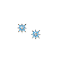 14K Yellow Gold Diamond Starburst Blue Enamel Stud Earrings