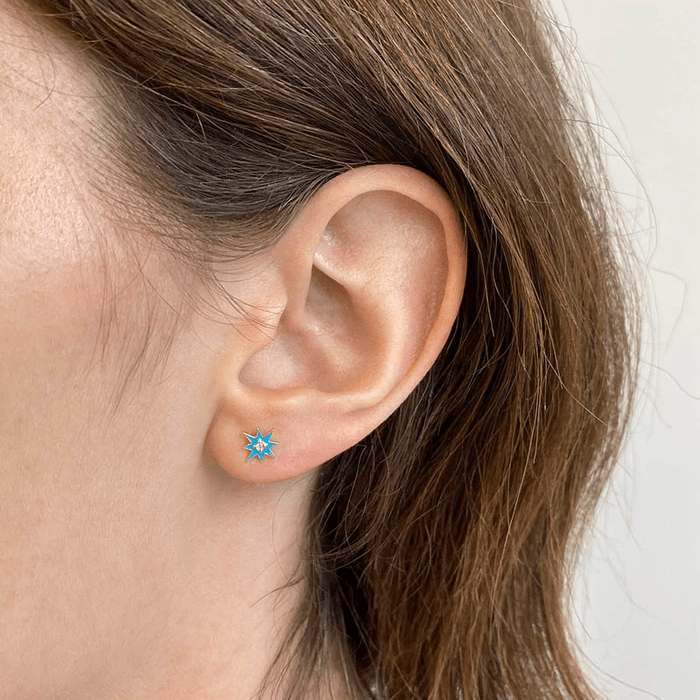 14K Yellow Gold Diamond Starburst Blue Enamel Stud Earrings