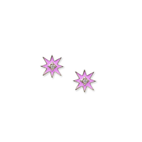 Anzie 14K Yellow Gold Diamond Starburst Pink Enamel Stud Earrings