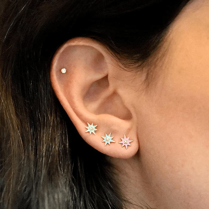Anzie 14K Yellow Gold Diamond Starburst Pink Enamel Stud Earrings