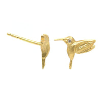 18K Yellow Gold Baby Hummingbird Studs with Diamond Eyes