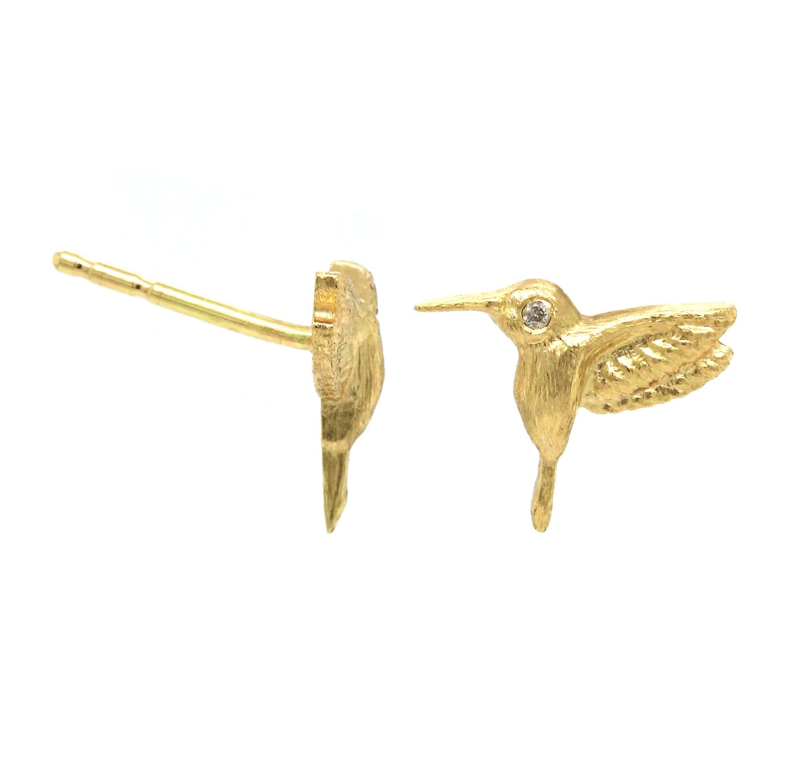 18K Yellow Gold Baby Hummingbird Studs with Diamond Eyes