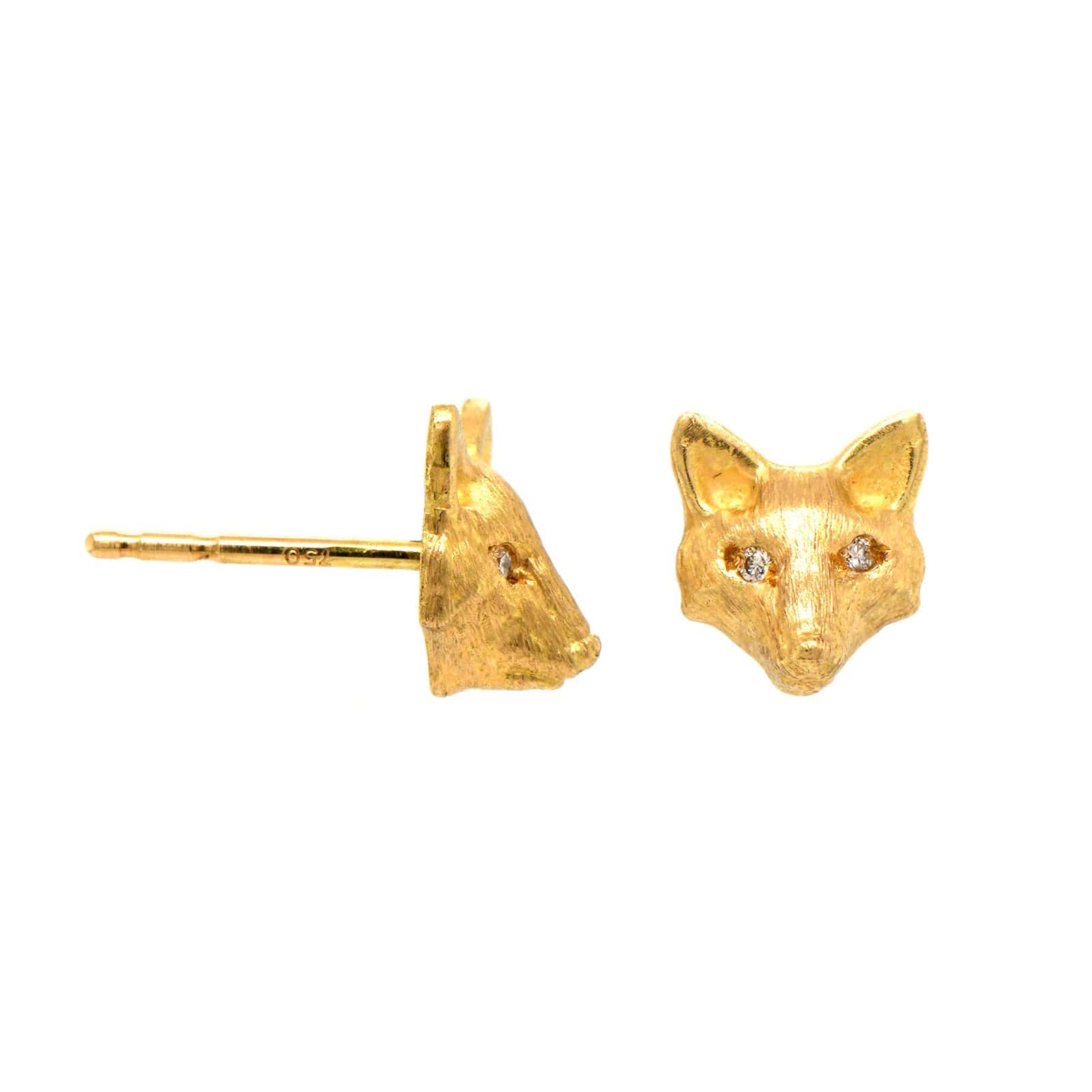 18K Yellow Gold Baby Fox Head Studs with Diamond Eyes