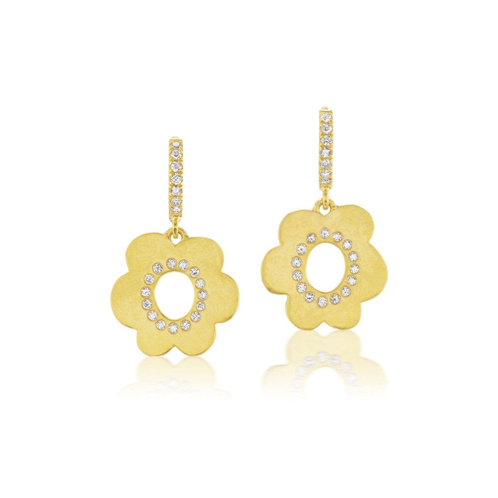 18K Yellow Gold Small Diamond Flower Drop Earrings