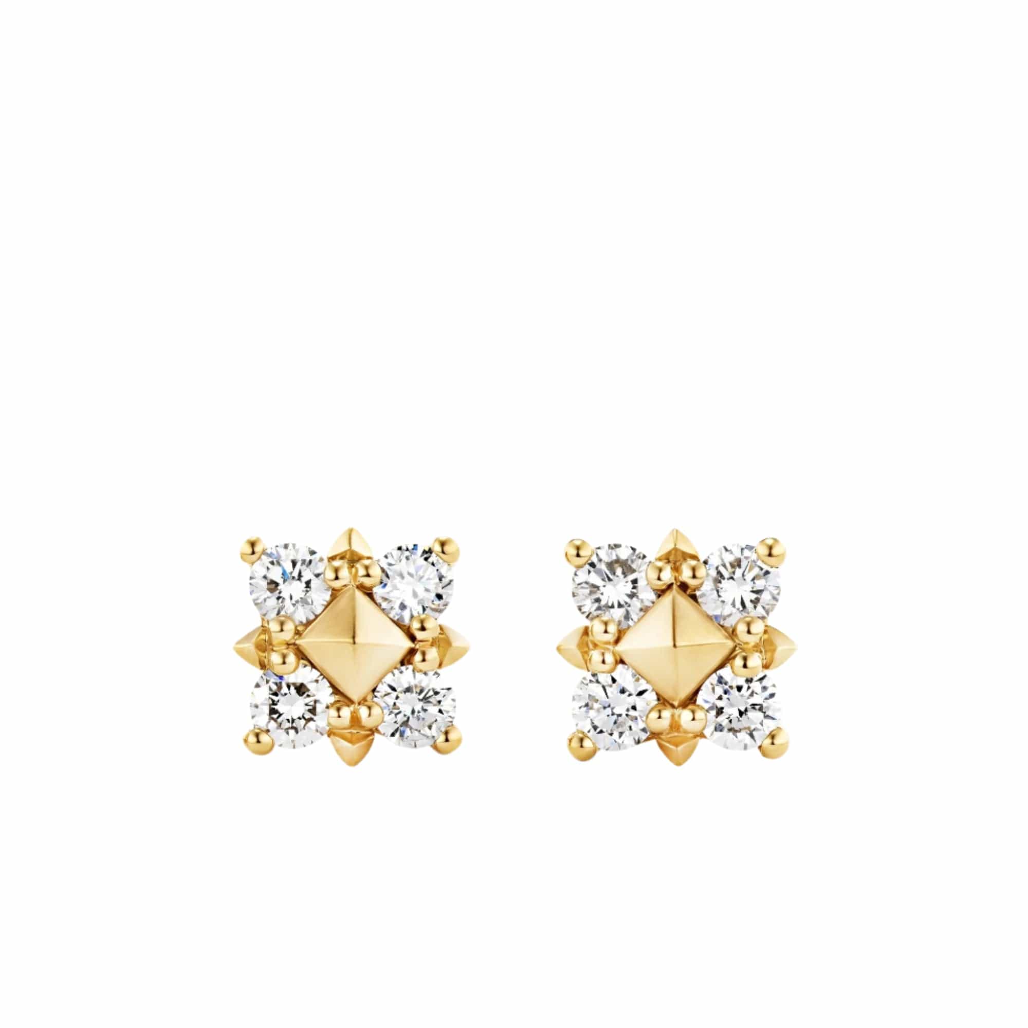 Petite Modern Renaissance Pyramid Stud Earrings 18K Yellow Gold with Diamonds, 8mm