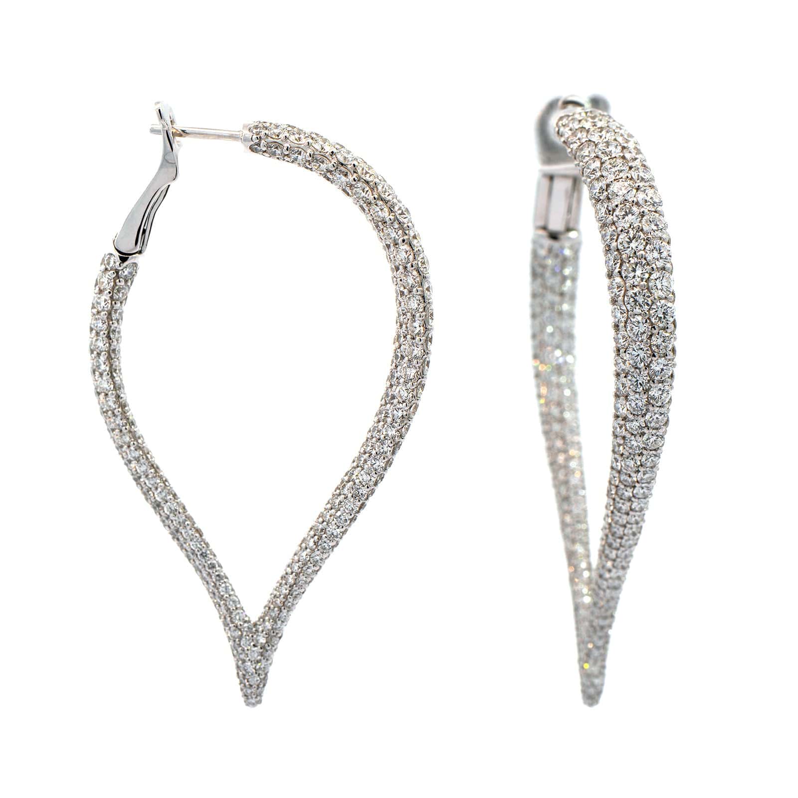 18K White Gold V Shaped Pave Diamond Hoops