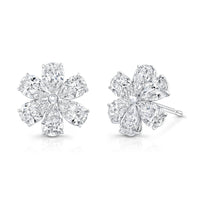 18K White Gold Pear Shaped Diamond Flower Motif Stud Earrings