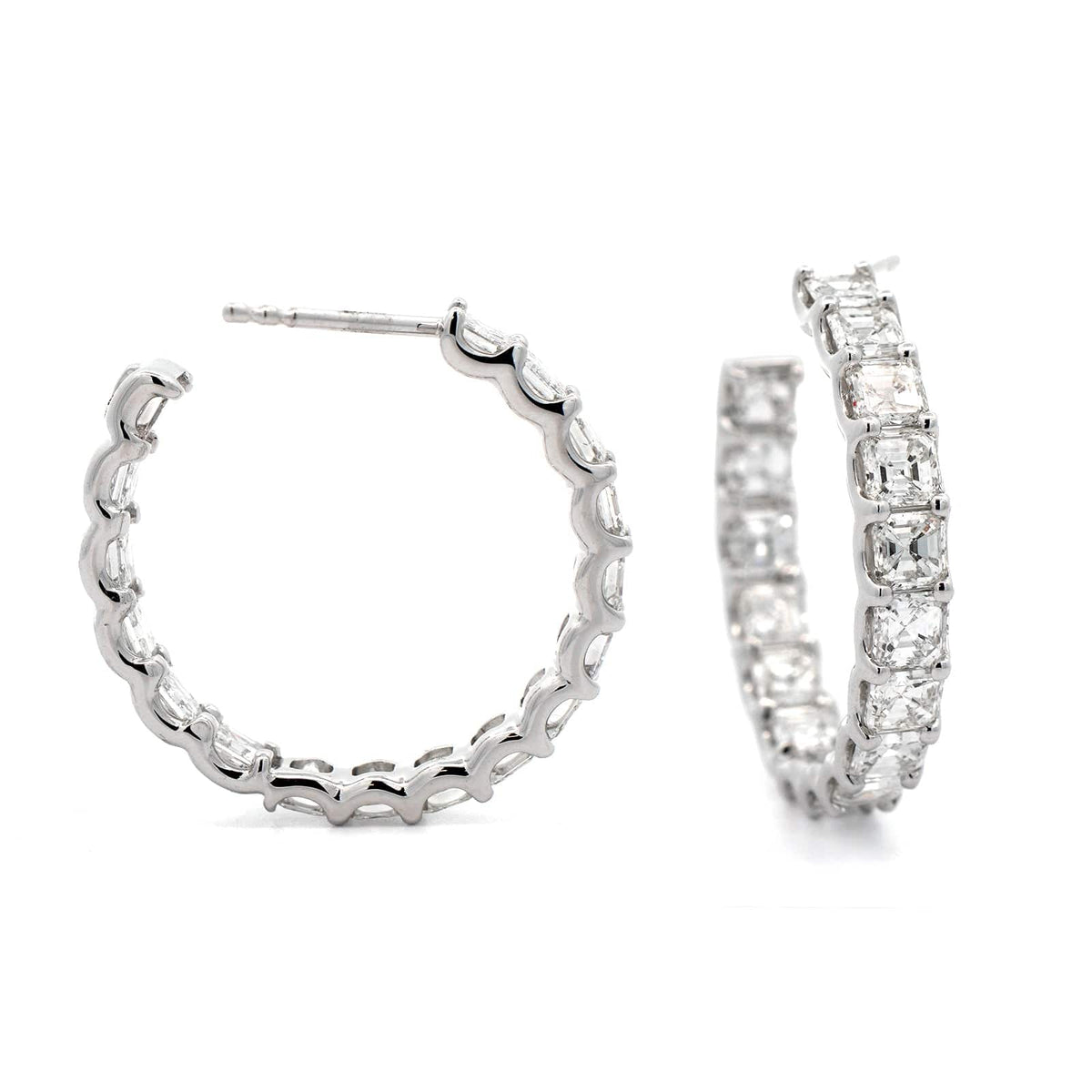 18K White Gold Asscher Cut Diamond Hoop Earrings