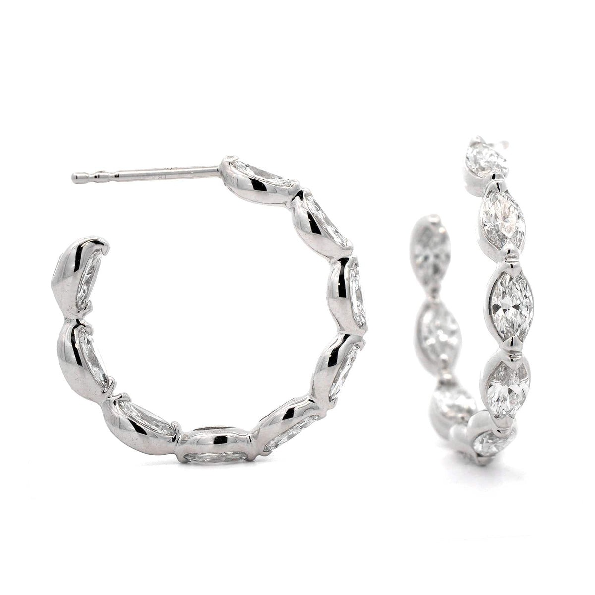 18K White Gold Marquise Cut Diamond Hoop Earrings