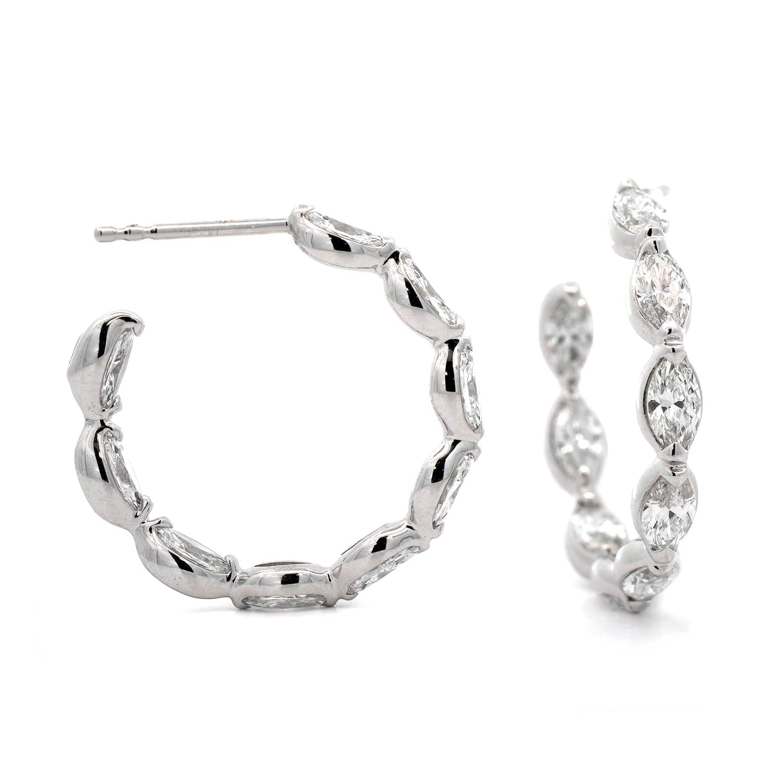 18K White Gold Marquise Cut Diamond Hoop Earrings