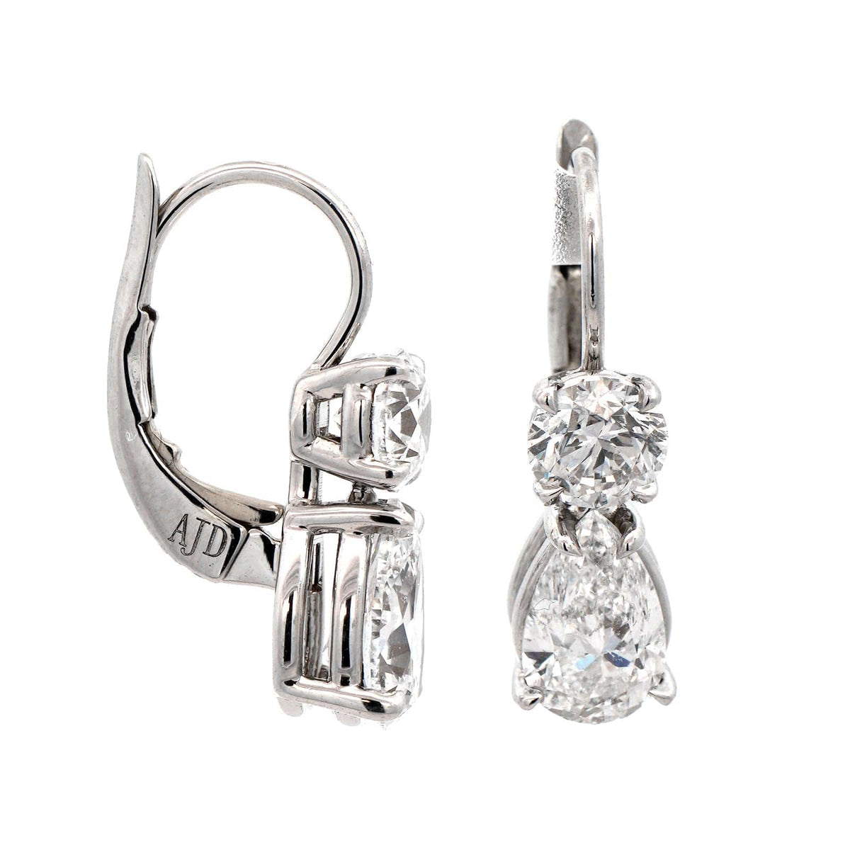 Platinum 2 Stone Round and Pear Shaped Diamond Drop Earrings