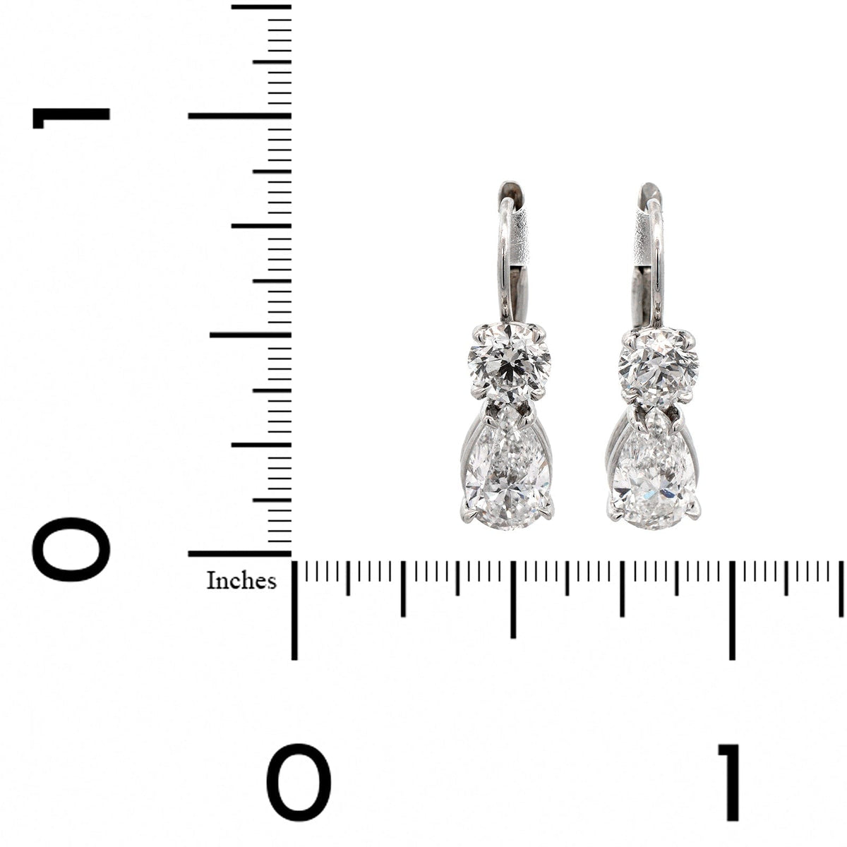 Platinum 2 Stone Round and Pear Shaped Diamond Drop Earrings