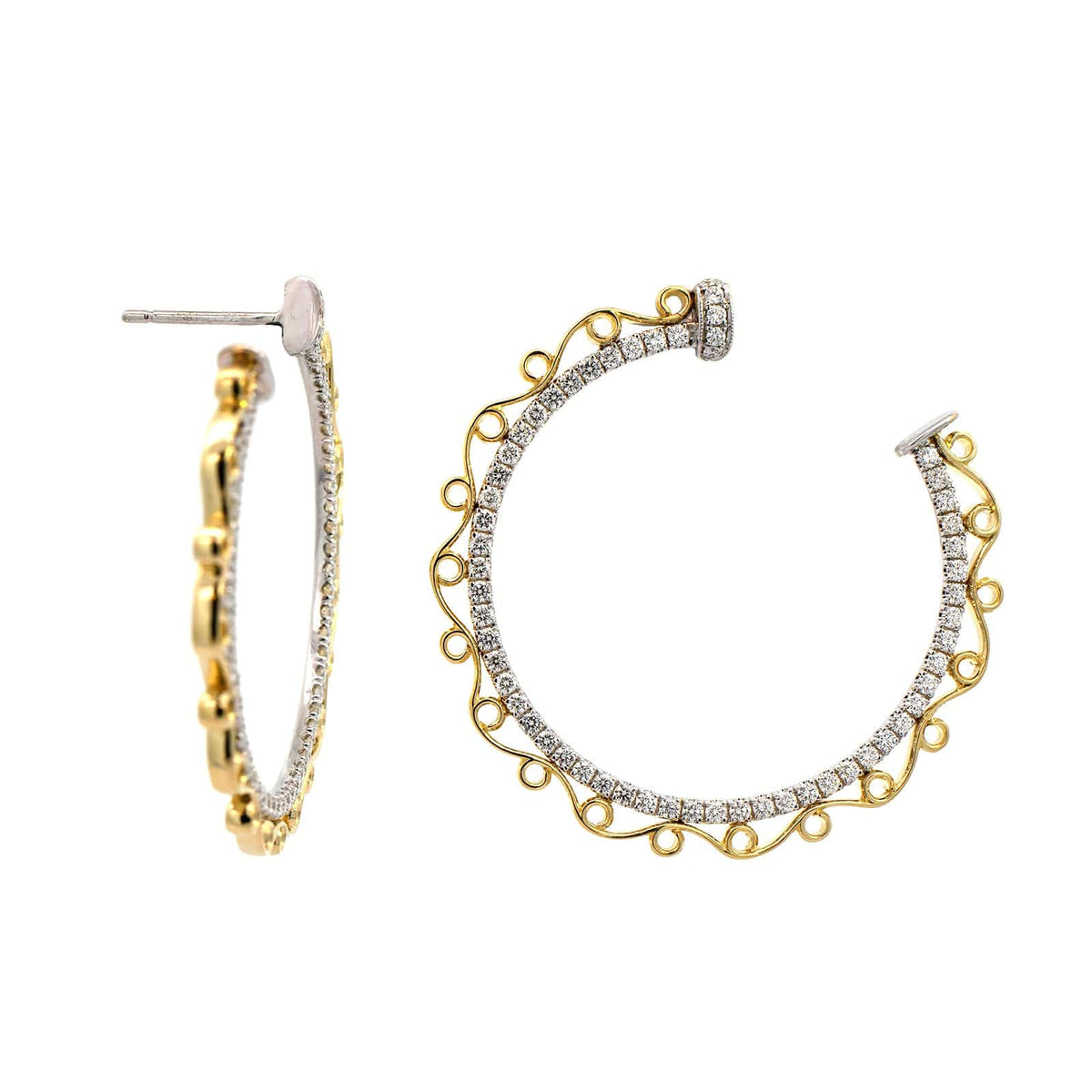 18K Two Tone Diamond Filigree Hoop Earrings