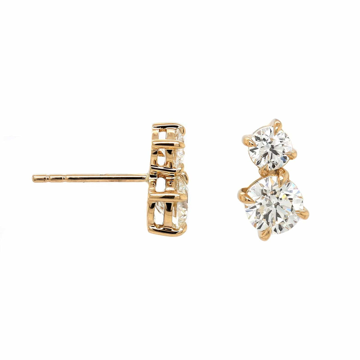 18K Yellow Gold 2 Stone Round Diamond Stud Earrings