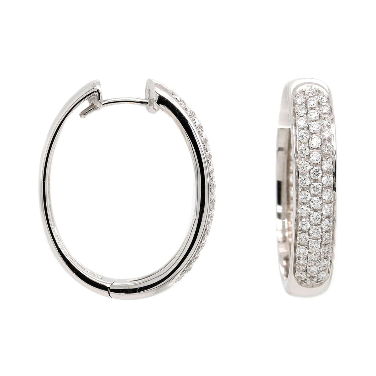 18K White Gold Pave Diamond Oval Hoop Earrings