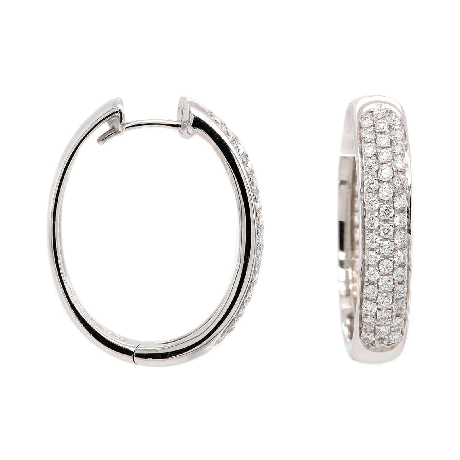 18K White Gold Pave Diamond Oval Hoop Earrings