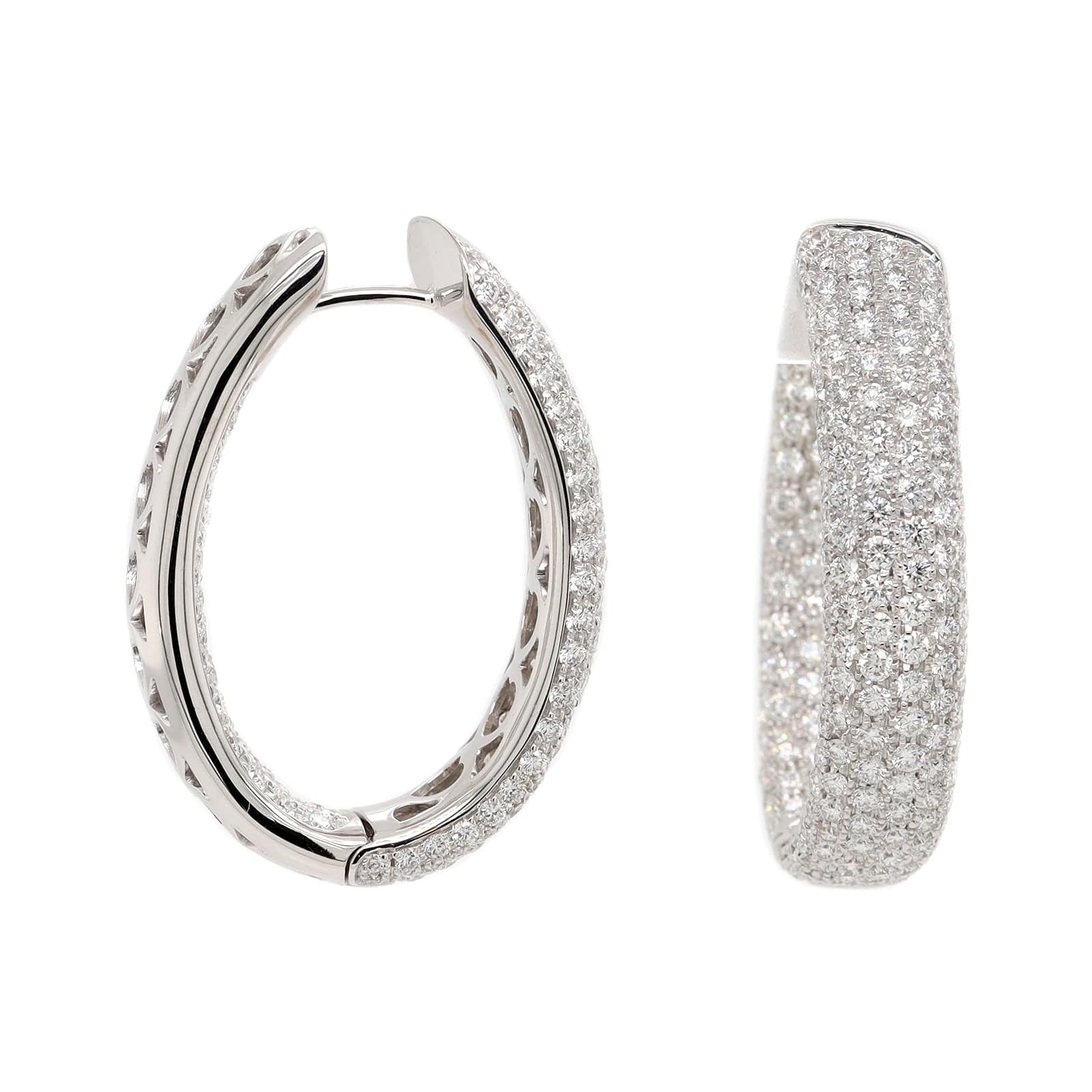 18K White Gold Inside Out Pave Diamond Oval Hoop Earrings