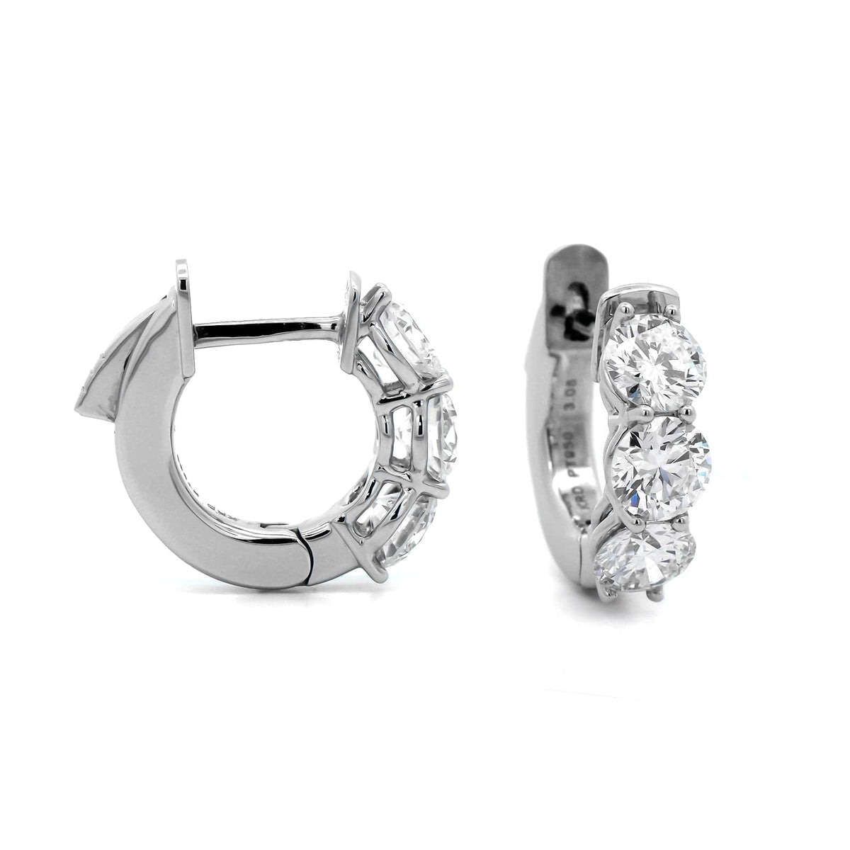 Platinum 3 Stone Round Diamond Huggie Earrings