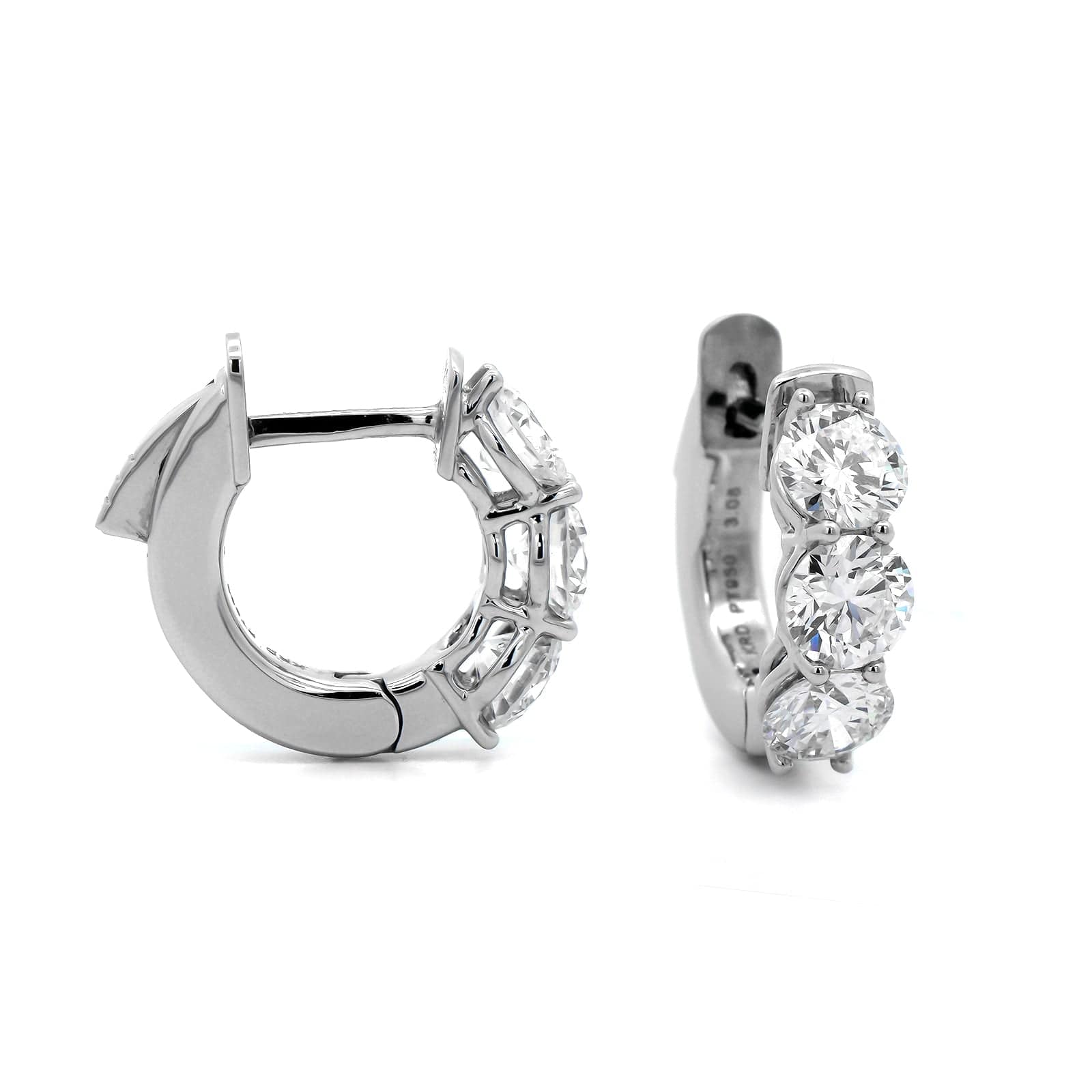 Platinum 3 Stone Round Diamond Huggie Earrings