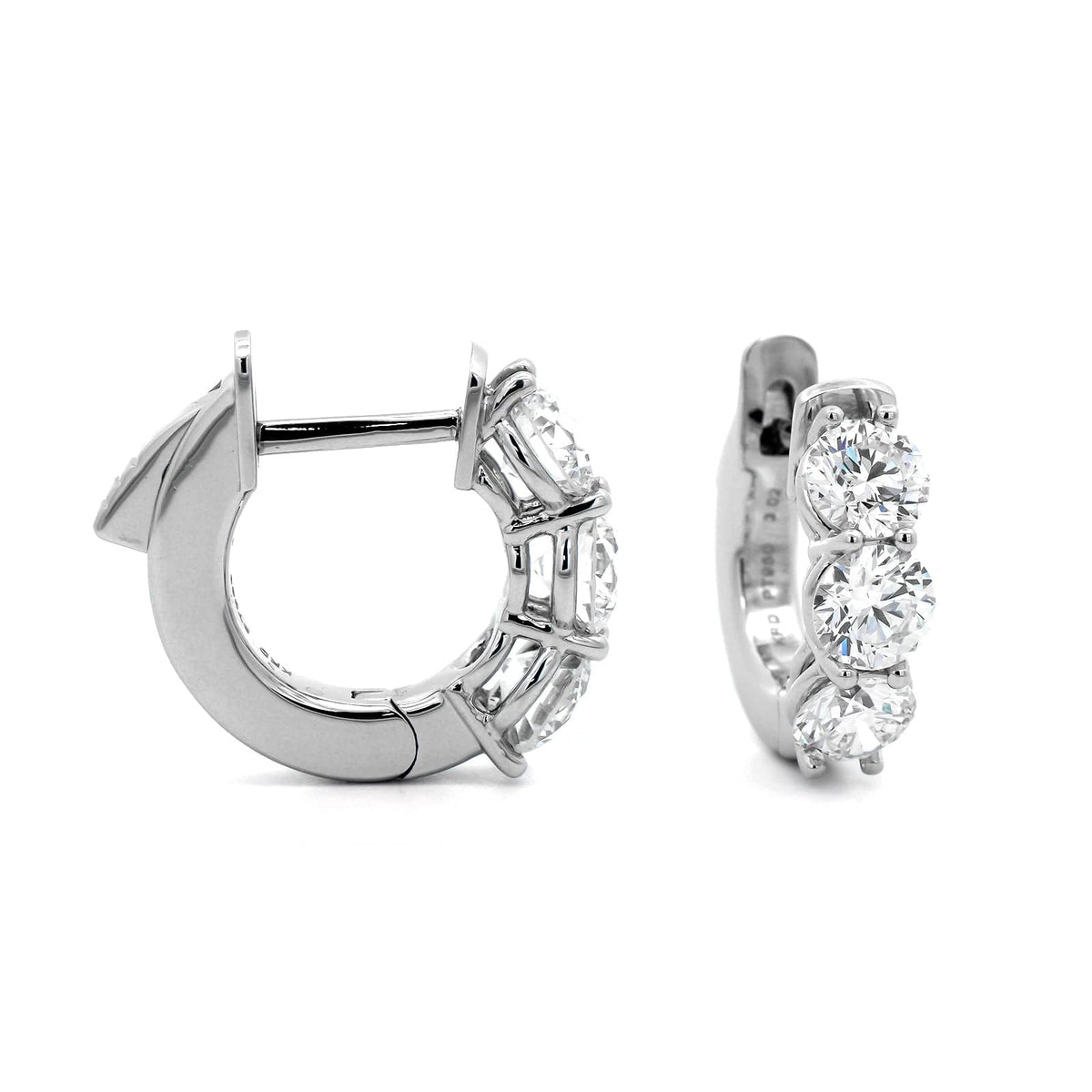 Platinum 3 Stone Round Diamond Huggie Earrings