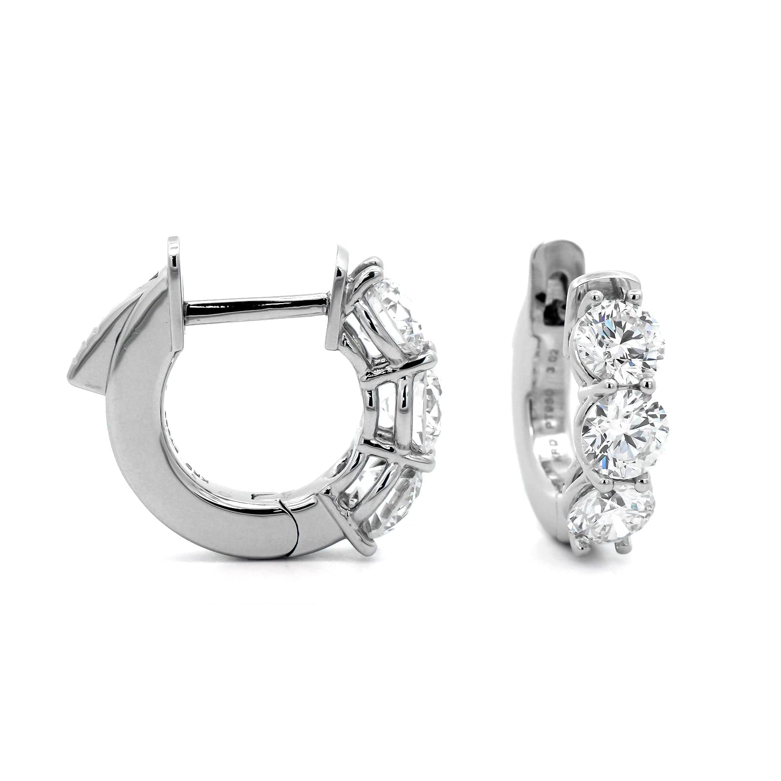 Platinum 3 Stone Round Diamond Huggie Earrings