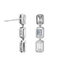 18K White Gold 3 Stone Emerald Cut Diamond Drop Earrings