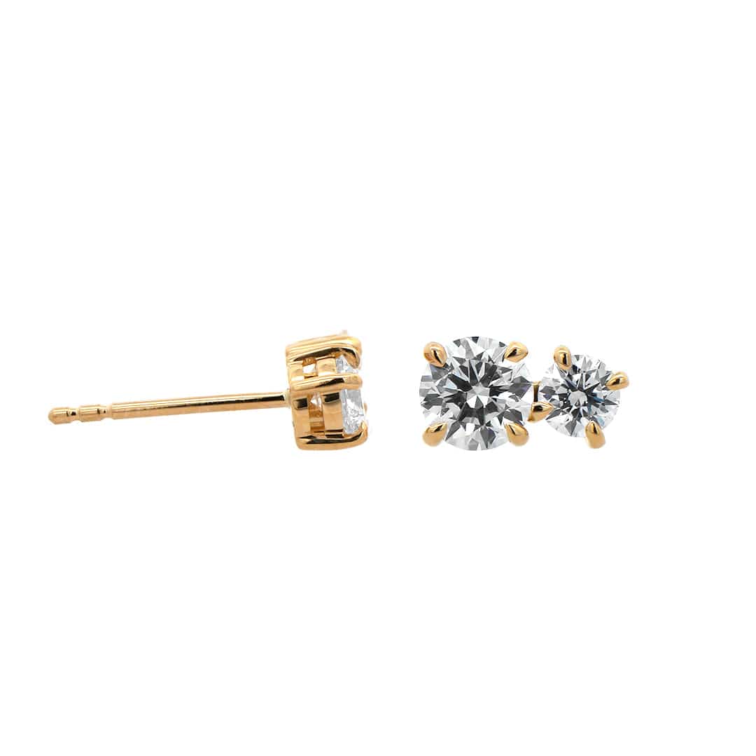 18K Yellow Gold 2 Stone Round Diamond Stud Earrings